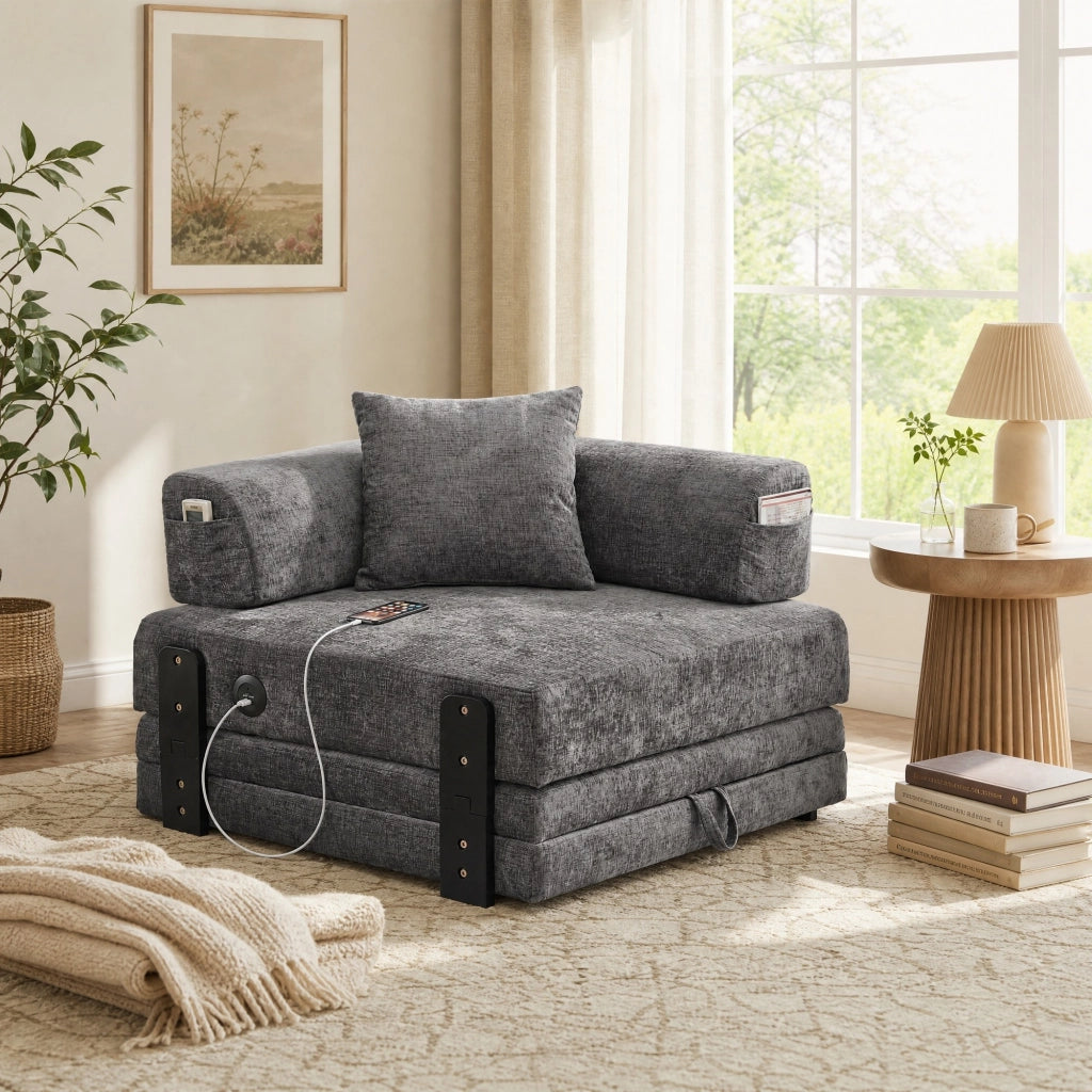 Divano letto convertibile 2 posti con funzione letto, porte USB e Type-C, tasche laterali, tessuto, Grigio scuro