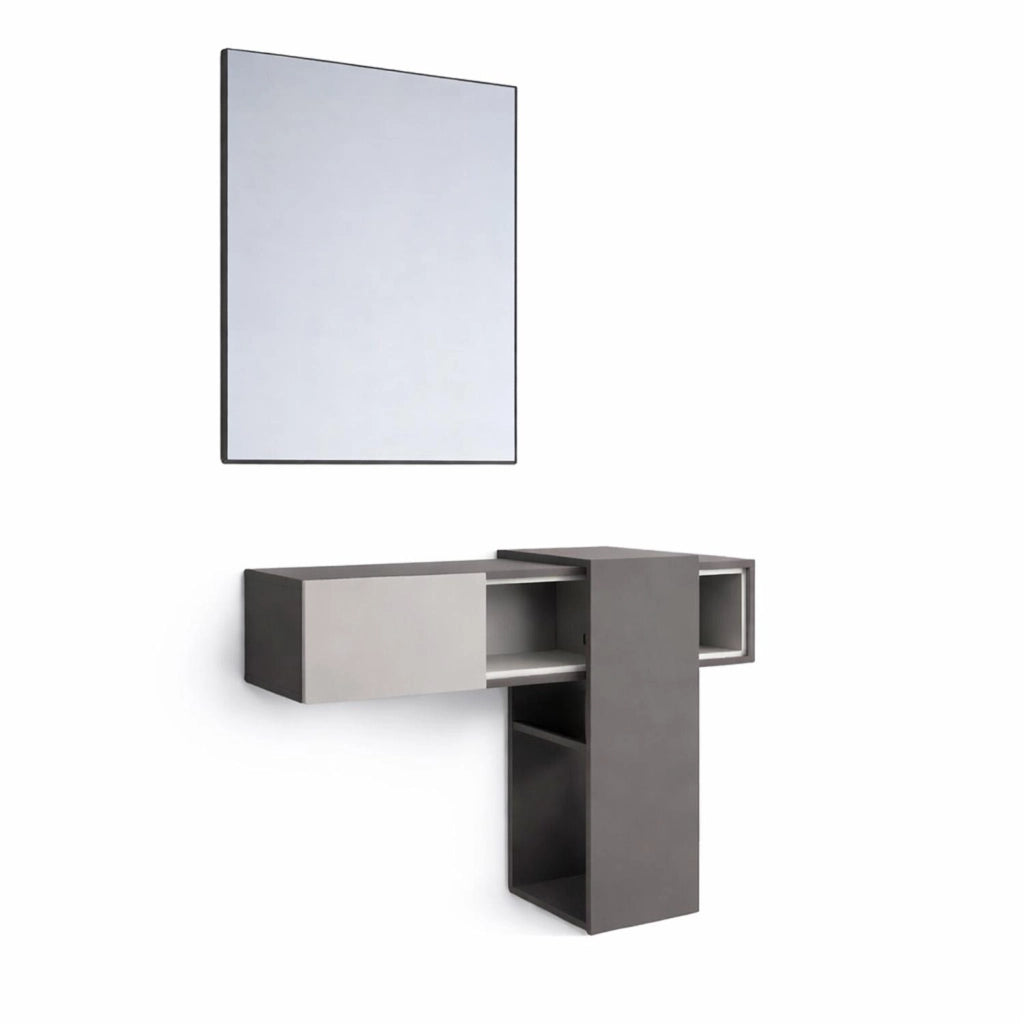 Mobile Da Ingresso Con Mensola Sospesa Specchio E Ripiani Scorrevoli Mobiletto Arredo Per Sala 100 X 31.5 X 75 Cm Grigio Scuro E Grigio Chiaro
