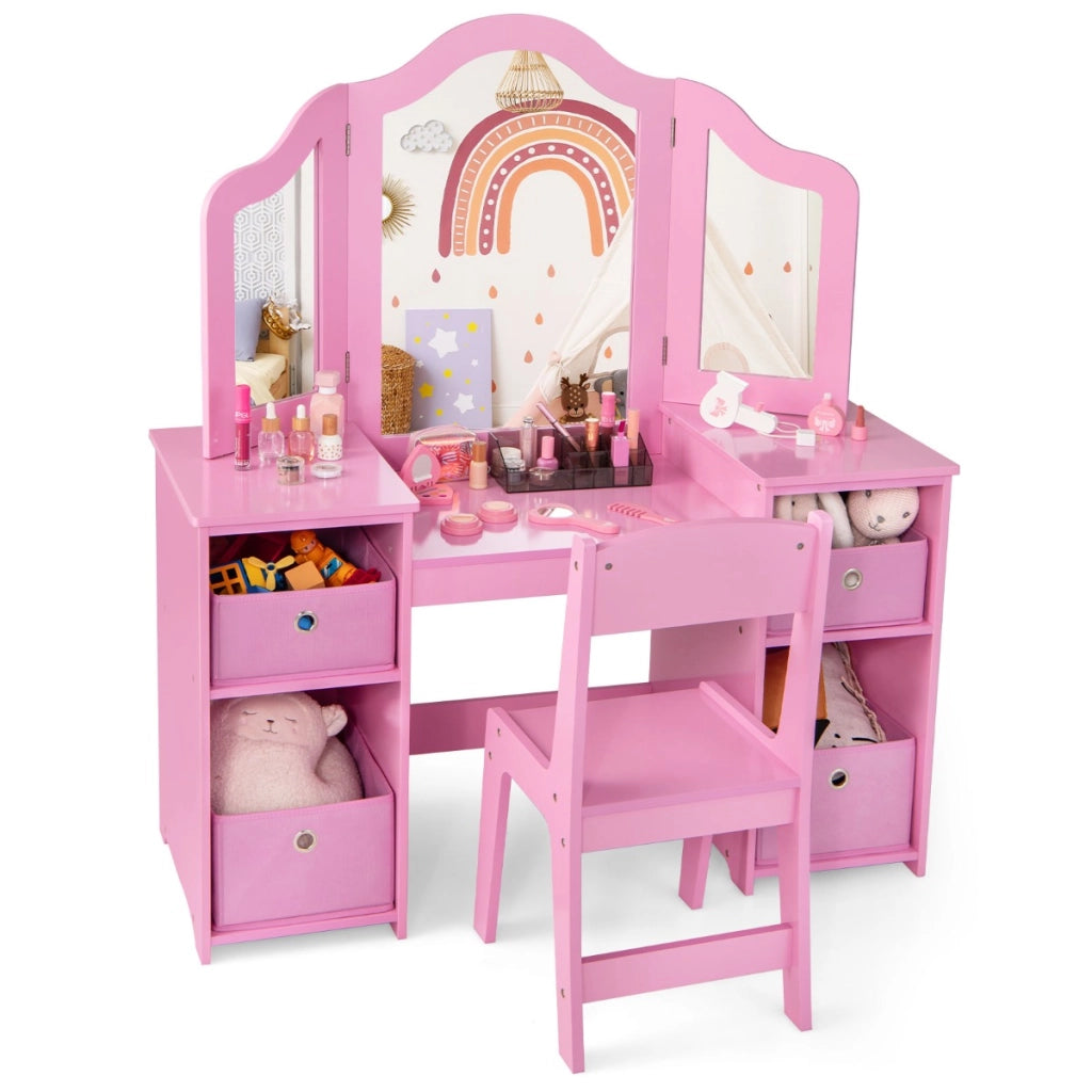 Toeletta da trucco con sgabello per bambini, Set da gioco da principessa con 3 specchi rimovibili 4 contenitori Rosa-Toelette per bimbi