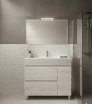 Mobile Bagno FENRIR Già Montato 2 cassetti e porta con piedini, lavabo e specchio Bianco nordico 100x40 cm