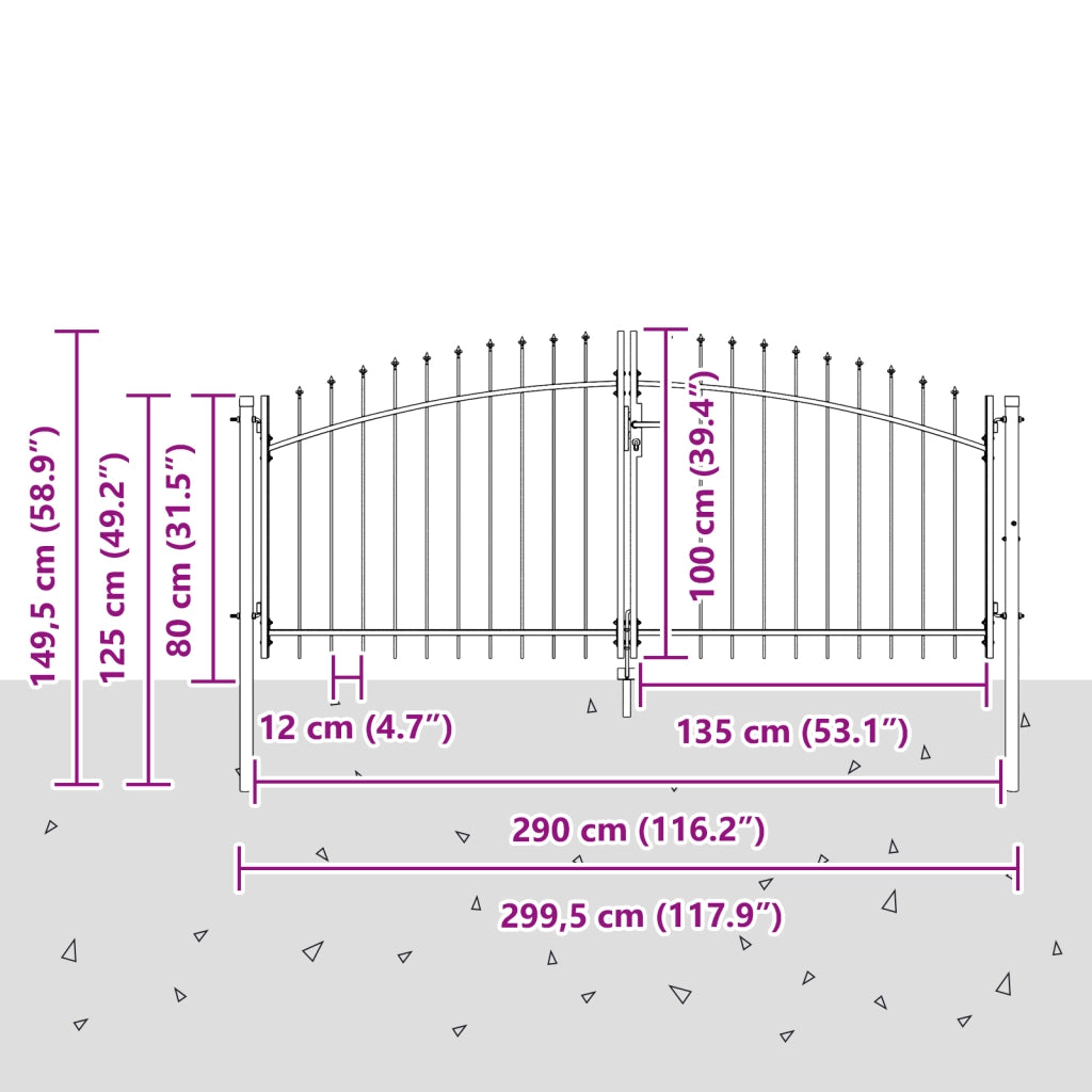 Cancello da giardino con punta a lancia a battente doppio grigio 100x300 cm in acciaio