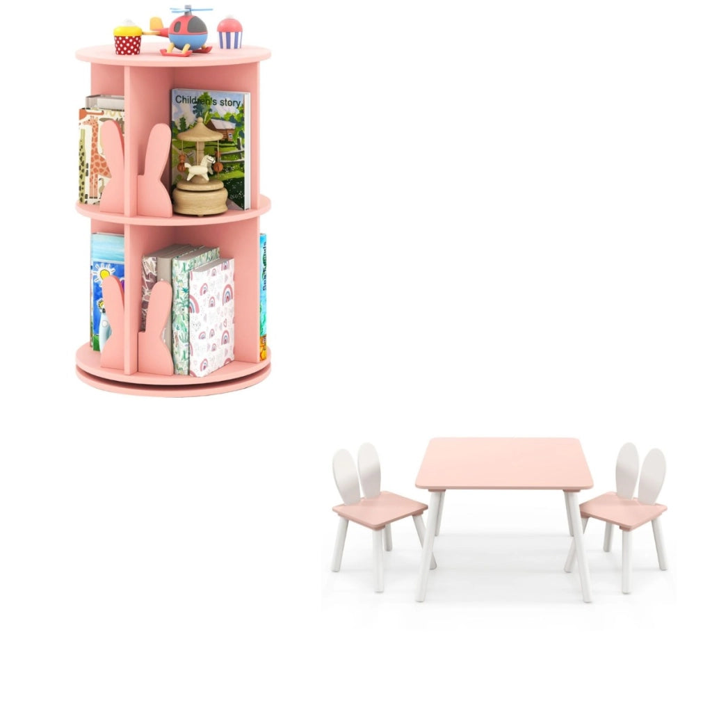 Libreria 360¡ã rotante bambini e set tavolo sedie bambini rosa, Libreria rotante 2 ripiani e set tavolo sedie legno-Per i bambini