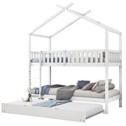 Letto a Castello 90x200 cm; 3 Posti; Estraibile; con Sponda e Scala; in Legno - Bianco