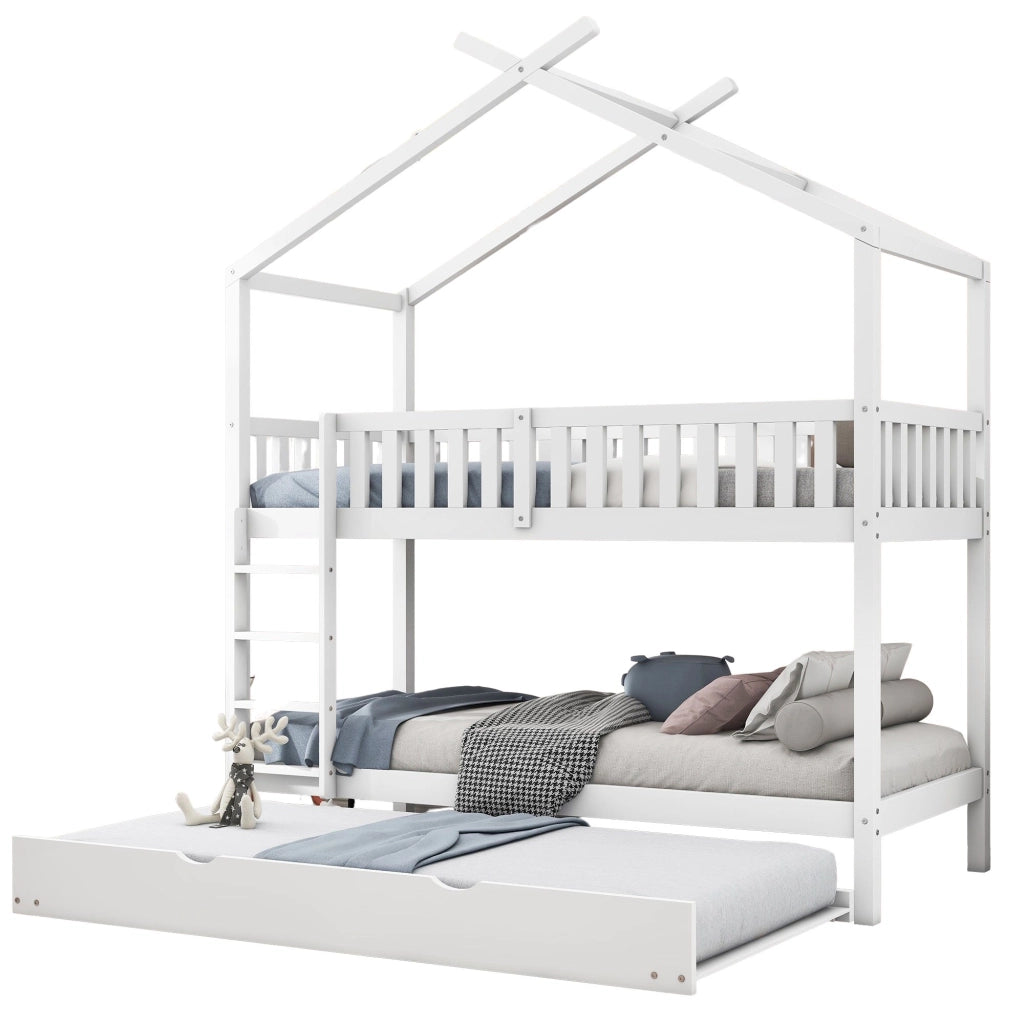Letto a Castello 90x200 cm; 3 Posti; Estraibile; con Sponda e Scala; in Legno - Bianco