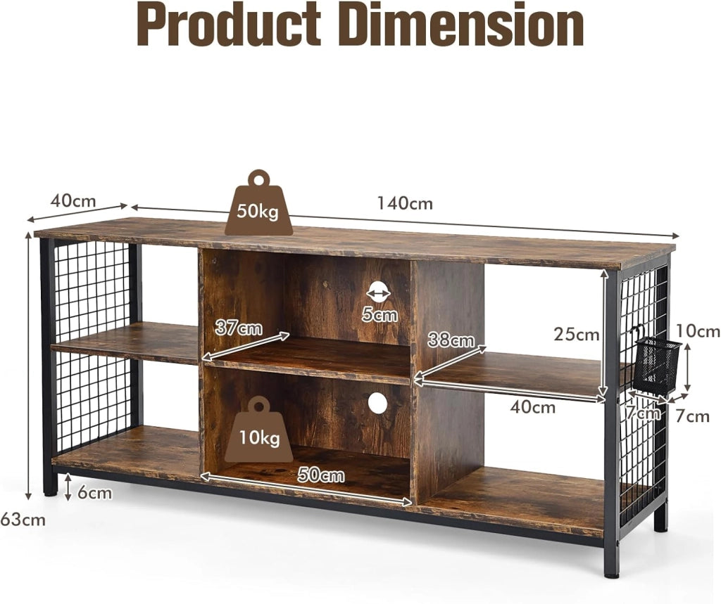 Mobile TV, mobile TV, mobile TV, supporto per TV fino a 65 pollici, cassettiera bassa, in legno con scomparti aperti e cestino portaoggetti, mensola TV industriale 140 x 40 x 63 cm
