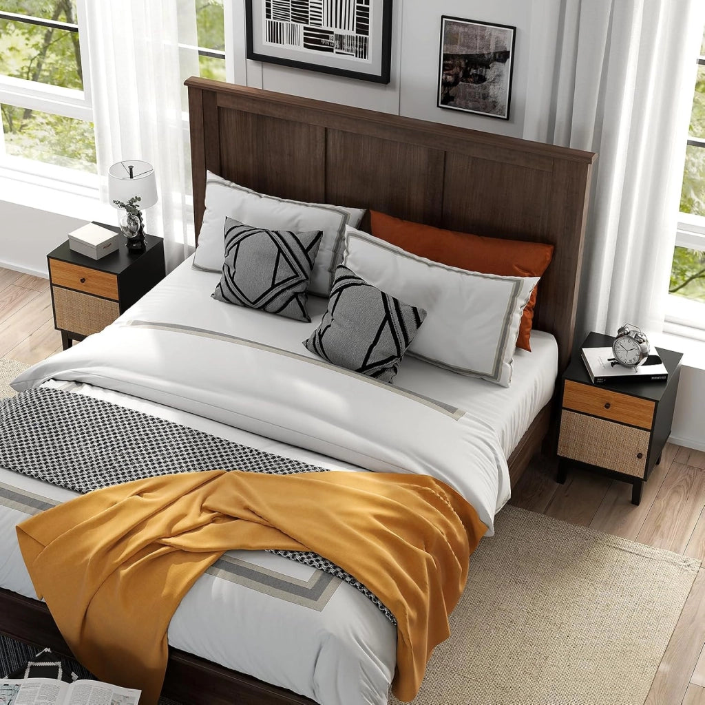 Comodino in legno, comodino con cassetto, porta in rattan e gambe in pino, kit antiribaltamento, 40 x 39 x 55 cm, tavolino ausiliario per camera da letto, soggiorno