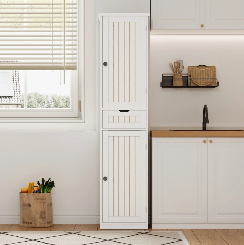 Armadio contenitore 170x40x30 cm con 4 ripiani regolabili; struttura in MDF bianco