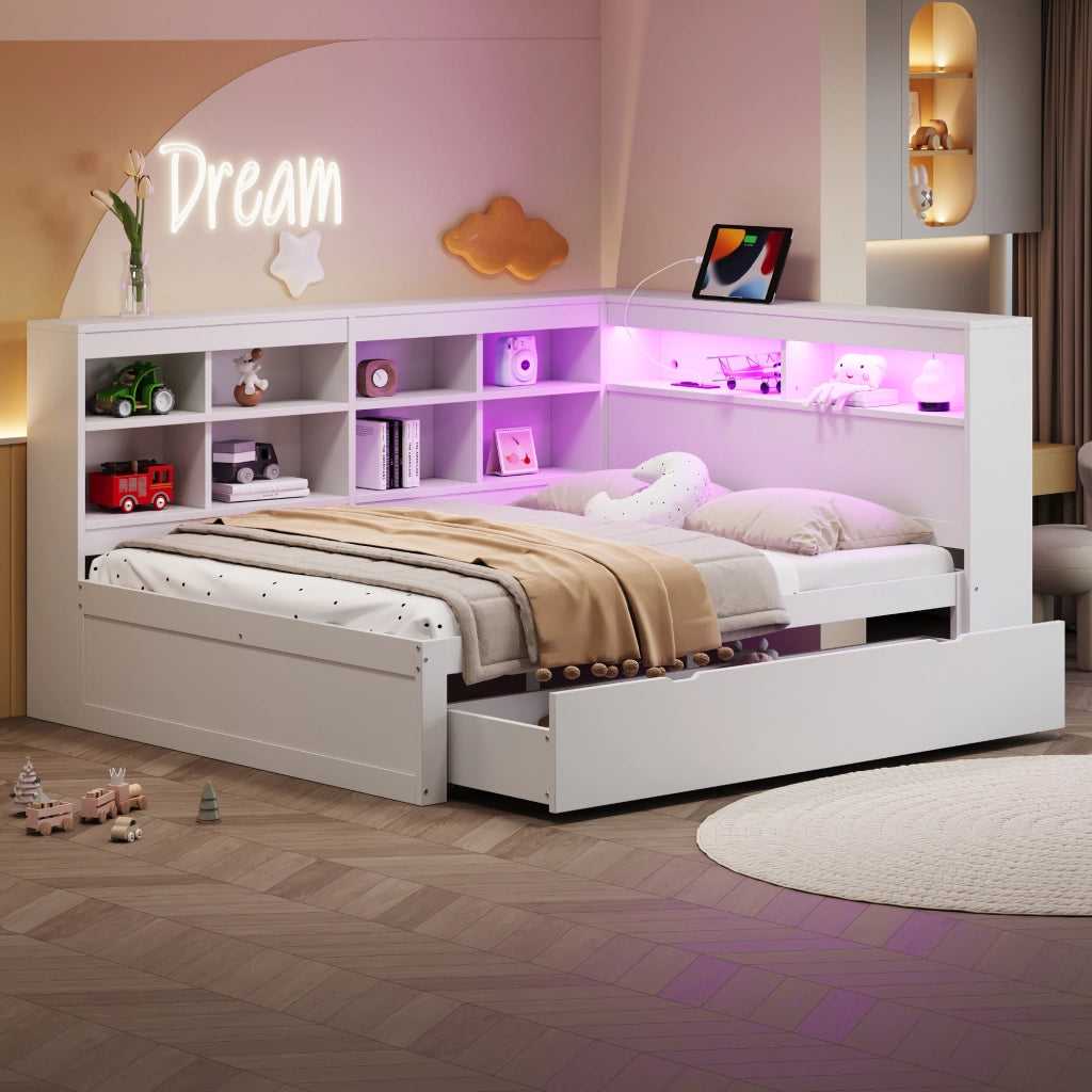 OKWISH Letto Divano 140×200 cm, Letto Matrimoniale con 2 Cassetti Grandi, USB, LED e Mensole, senza Materasso, in Legno, Bianco