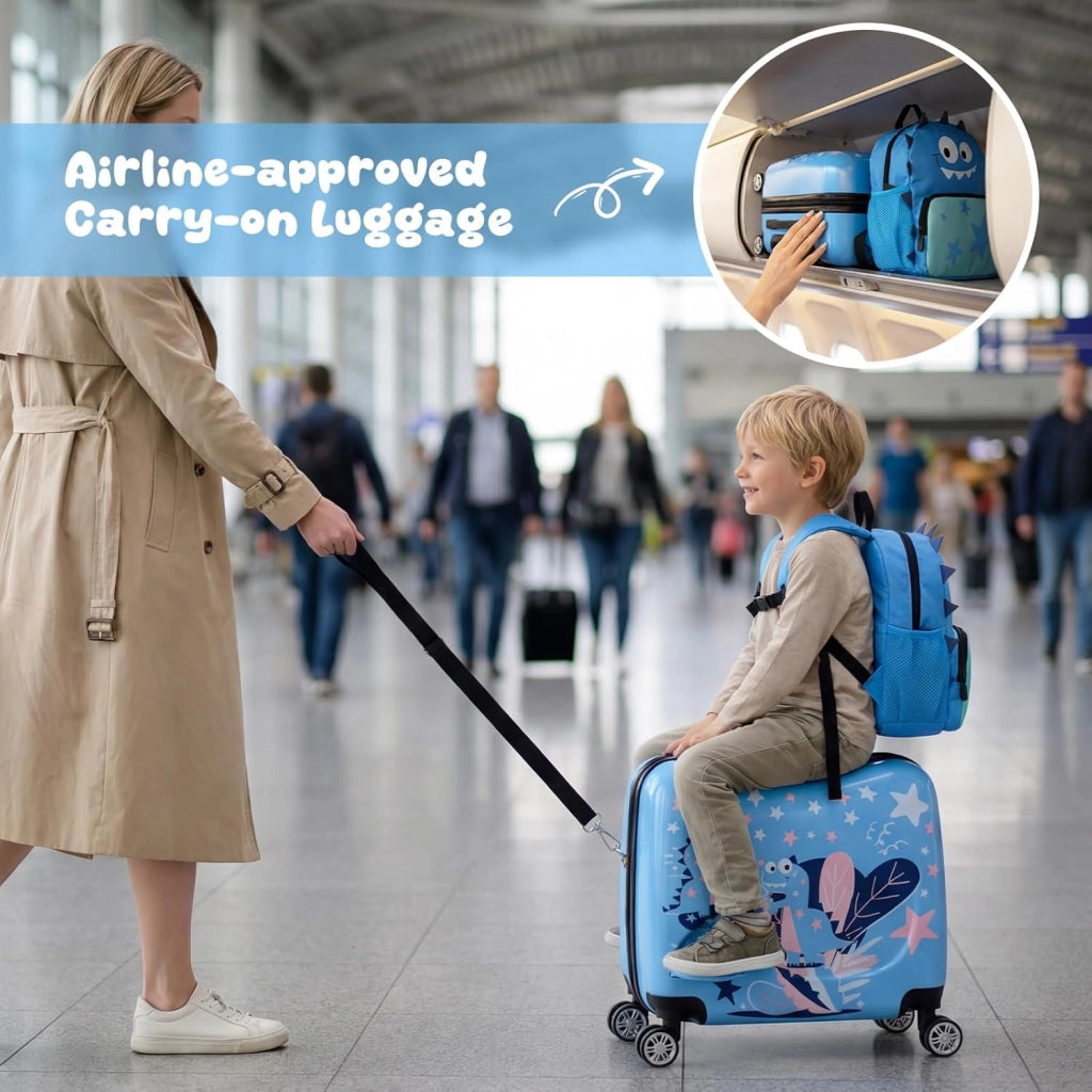 Set di Valigia Cavalcabile 18’’ + Zaino 12’’ per Bambini 2 Pezzi, Bagagli 2-in-1 di con Maniglia Telescopica e 4 Ruote, Trolley Bagaglio a Mano e Zaino per Bambini (Blu Dinosauro)