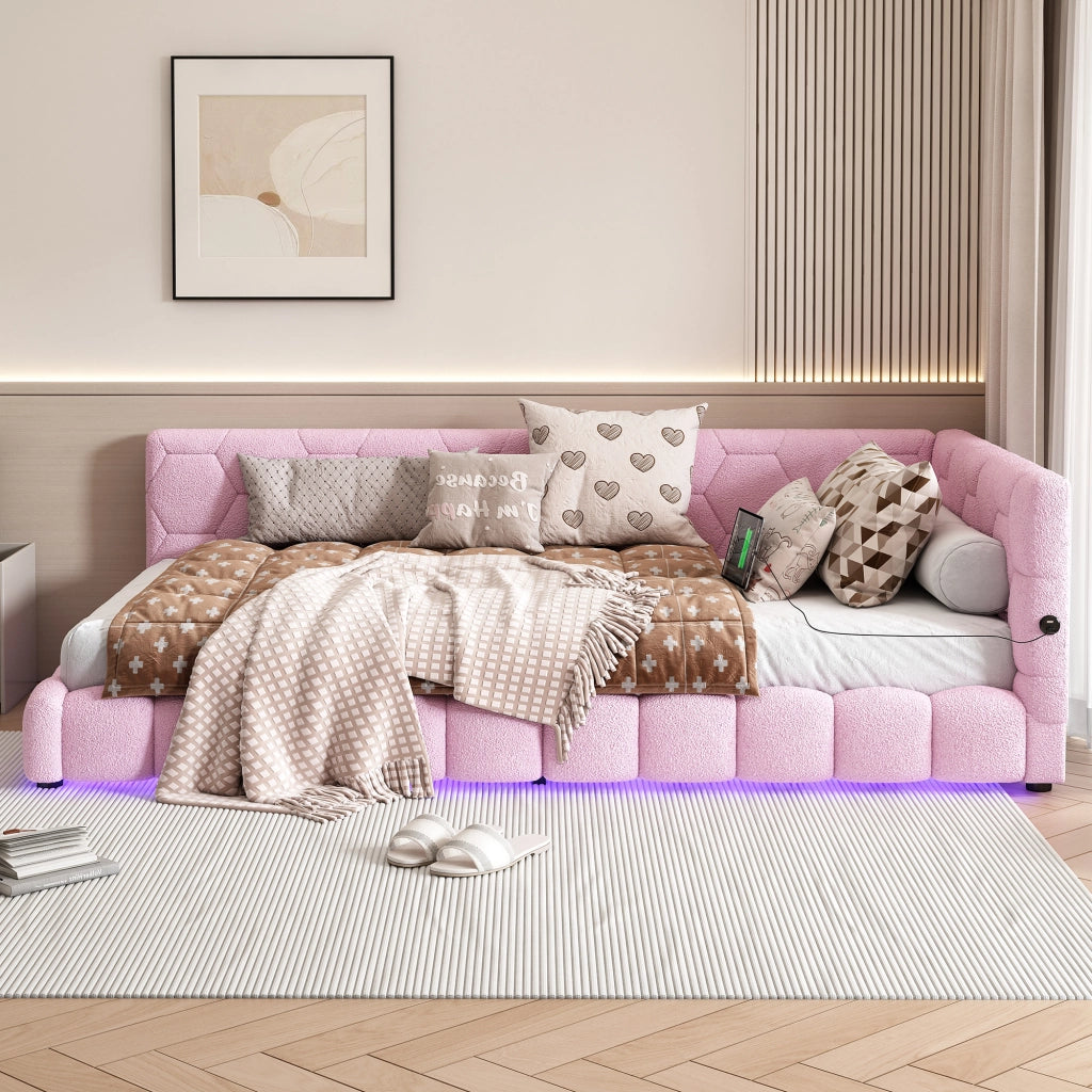 Letto singolo 90×200 cm con LED regolabile; USB; Type-C e rete; senza materasso; velluto; rosa