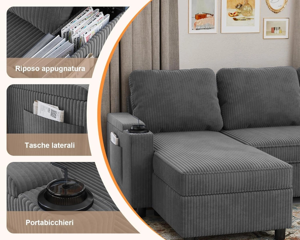 Divano Letto Chaise Longue a Forma di L, Divano da Salotto Cheslong a 3 Posti Convertibile in Letto, con Contenitore Integrato e Portabicchieri, Tessuto Morbido Beige Grigio Scuro