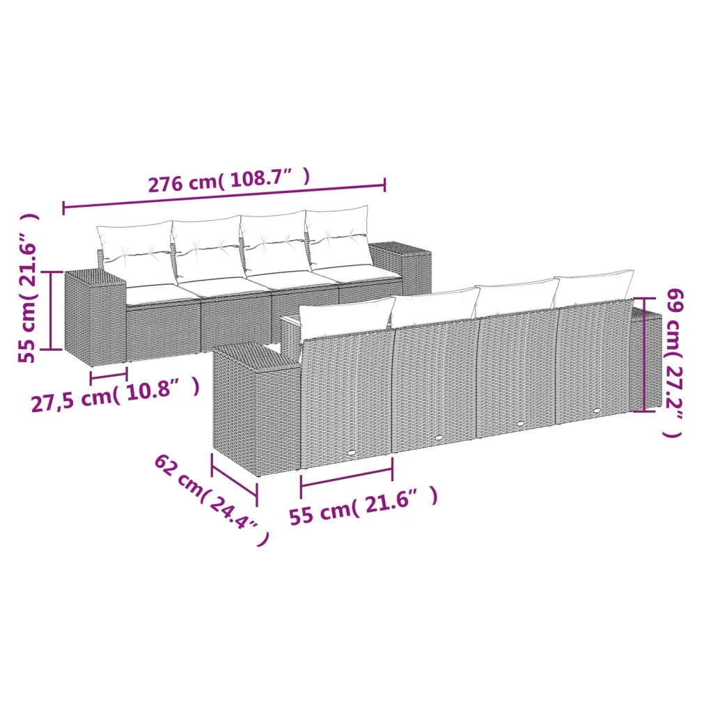 Set Divano da Giardino 9 pz con Cuscini Grigio in Polyrattan 3225367