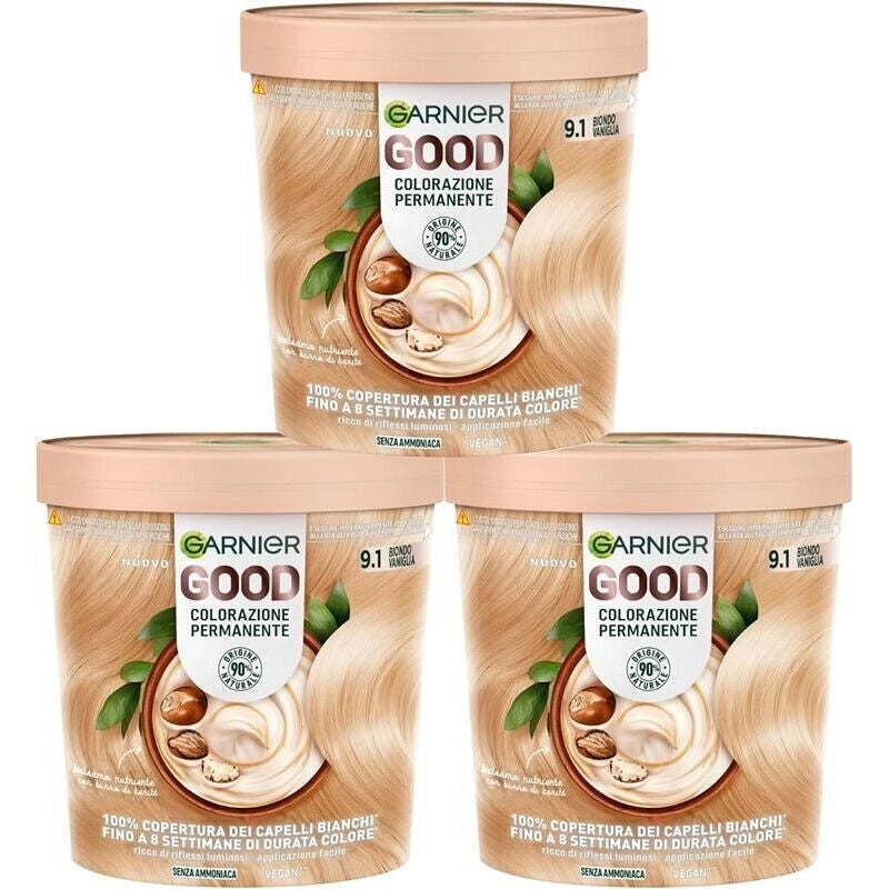 SET 3 GARNIER GOOD TINTA CAPELLI 9.1 BIONDO VANIGLIA COLORAZIONE PERMANENTE SENZA AMMONIACA 90% NATURALE