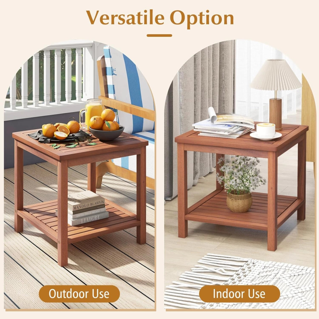 Tavolino ausiliario in legno di acacia per giardino, comodino rettangolare con ripiano aperto inferiore, 45 x 45 x 45 x 45 cm, motivo a lamelle, per soggiorno, terrazza, balcone