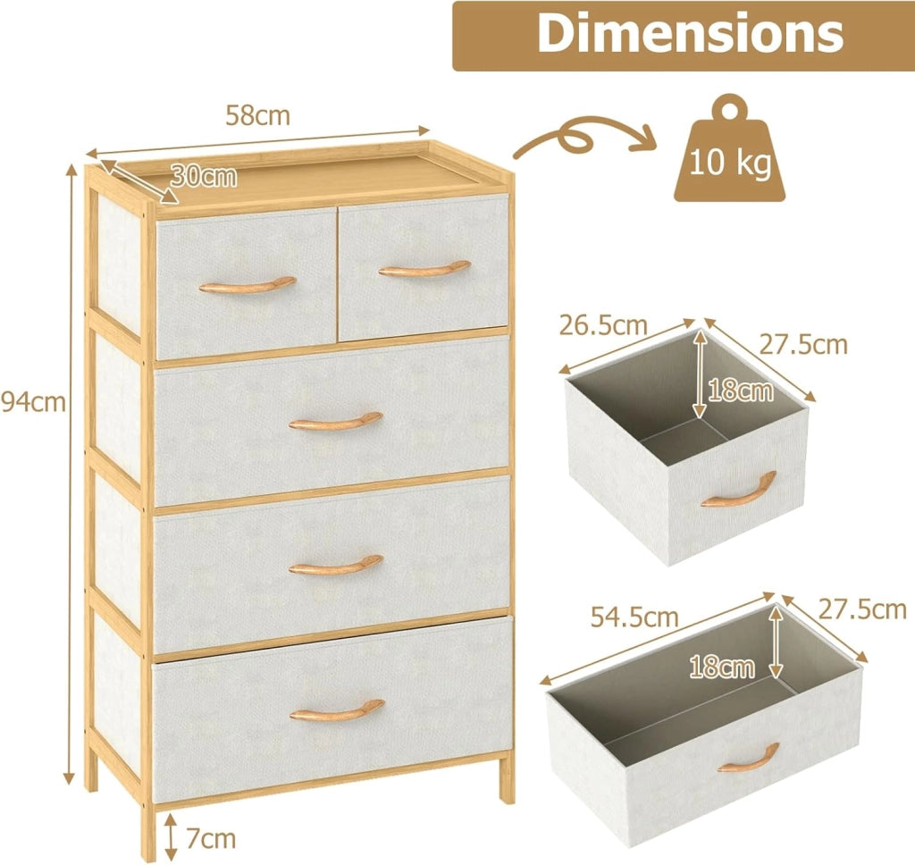 Cassettiera con 5 cassetti in tessuto pieghevole, con telaio in bambù e protezione antiribaltamento, armadio verticale per camera da letto, soggiorno, ufficio, 58 x 30 x 94 cm