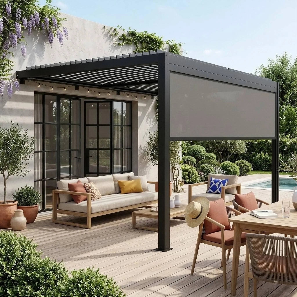 Pergola bioclimatica in alluminio addossata 4x3m + 1 tenda 4m , nero