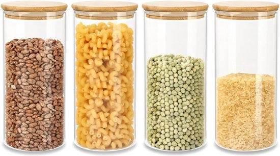 Set di 4 contenitori di stock con coperchio in bambù in 6 diverse misure, stivellabili, contenitore di stock da 1600 ml