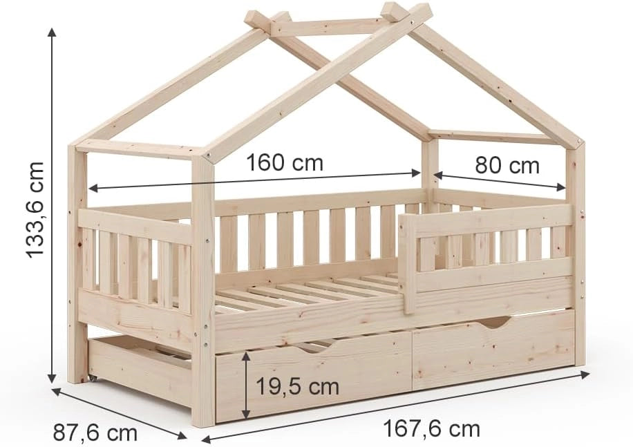 Letto montessori bambini Design, Legno naturale, 80x160 cm con letto per ospiti e materasso, adatto come area giochi e zona notte per bambini