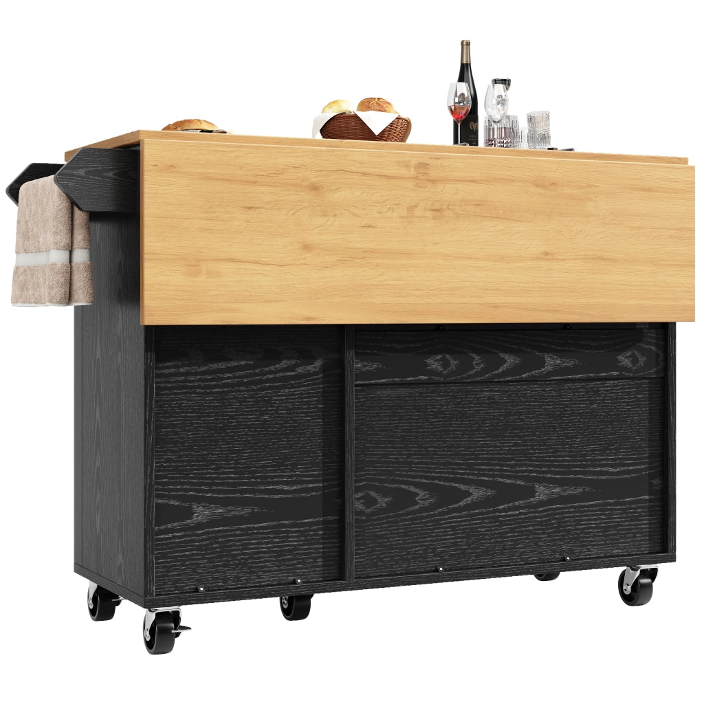 Credenza da cucina con 3 ante; piano ribaltabile e ruote - per cucina - nero - 130x45(75)x92 cm