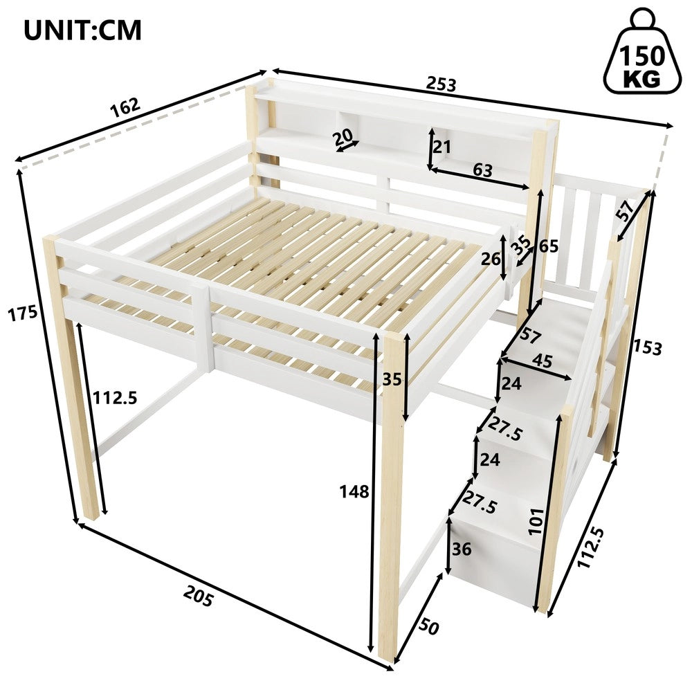 Letto a Soppalco con LED e Contenitore ¨C MINIMAL ¨C Bianco/Naturale 140x200