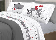 Completo Lenzuola Linea Pensieri Delicati 100% Cotone Disegno Gattini - Matrimoniale - Grigio