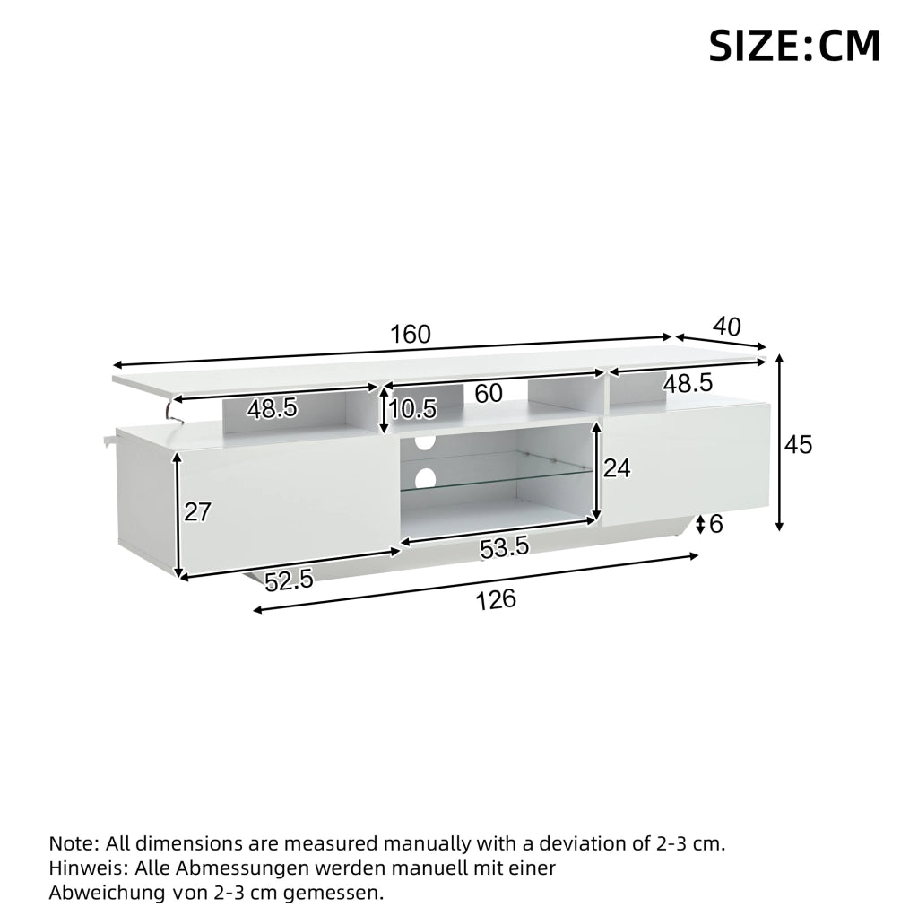 Mobile TV bianco 160 cm con LED, 2 armadietti e 8 ripiani