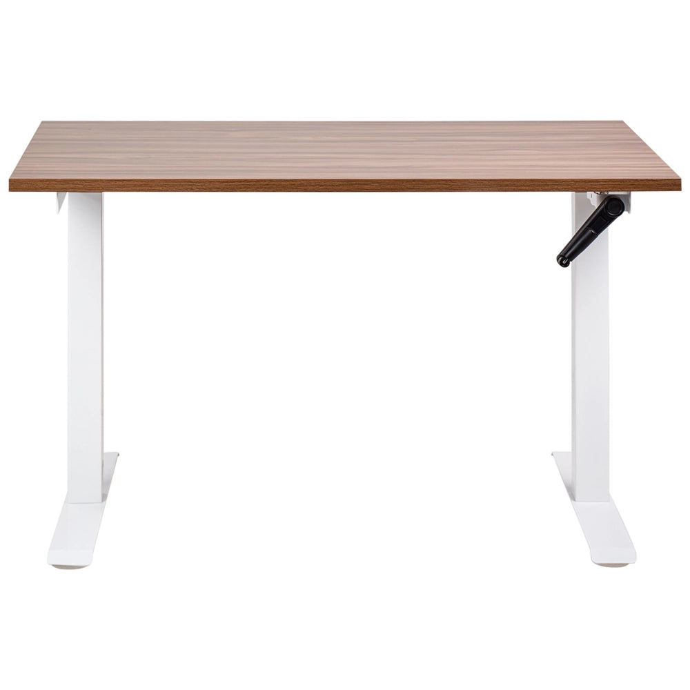 Scrivania regolabile manualmente in altezza Piano del tavolo marrone scuro Telaio in acciaio bianco 120 x 72 cm Piedi quadrati Design moderno Ufficio