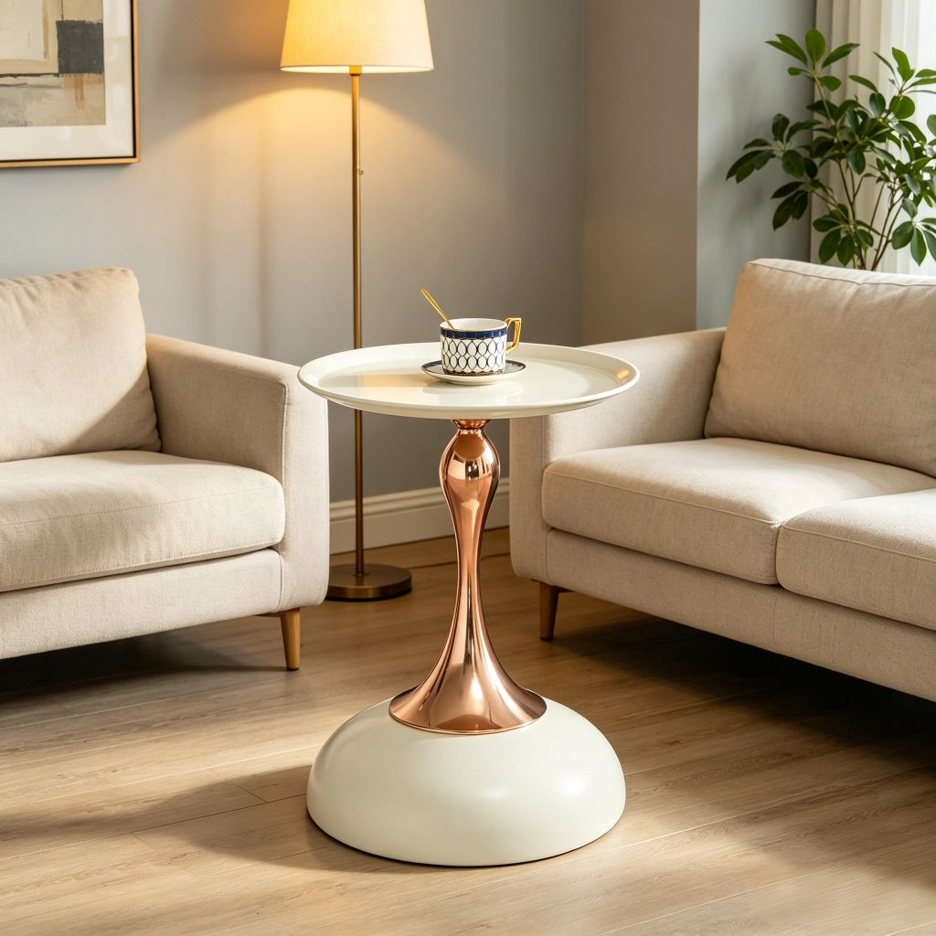 Tavolino da caffè rotondo con base in metallo - per soggiorno - 44×41×20 cm - bianco
