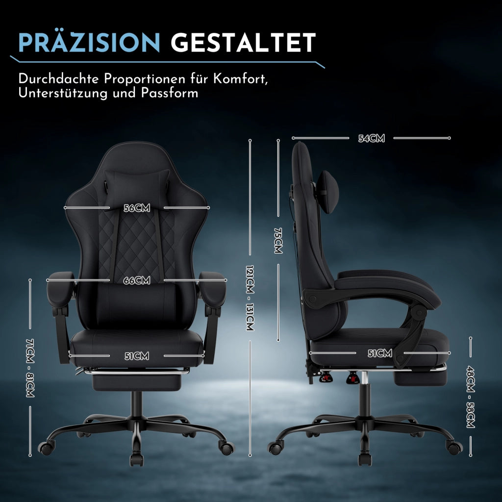 Sedia da gaming ergonomica nera in PVC con supporto lombare e poggiapiedi