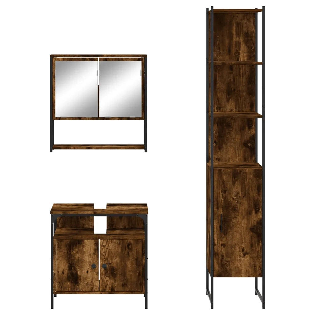 Set Mobili da Bagno | Armadio da bagno 3 pz Rovere Fumo in Legno Multistrato