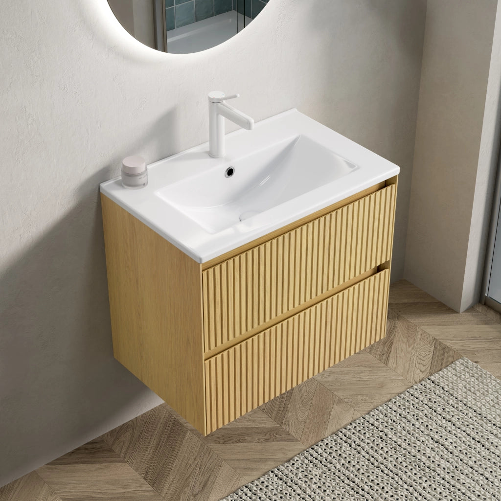 MOBILE BAGNO SOSPESO 61 cm con lavabo in ceramica Bianco e Rovere Dorato