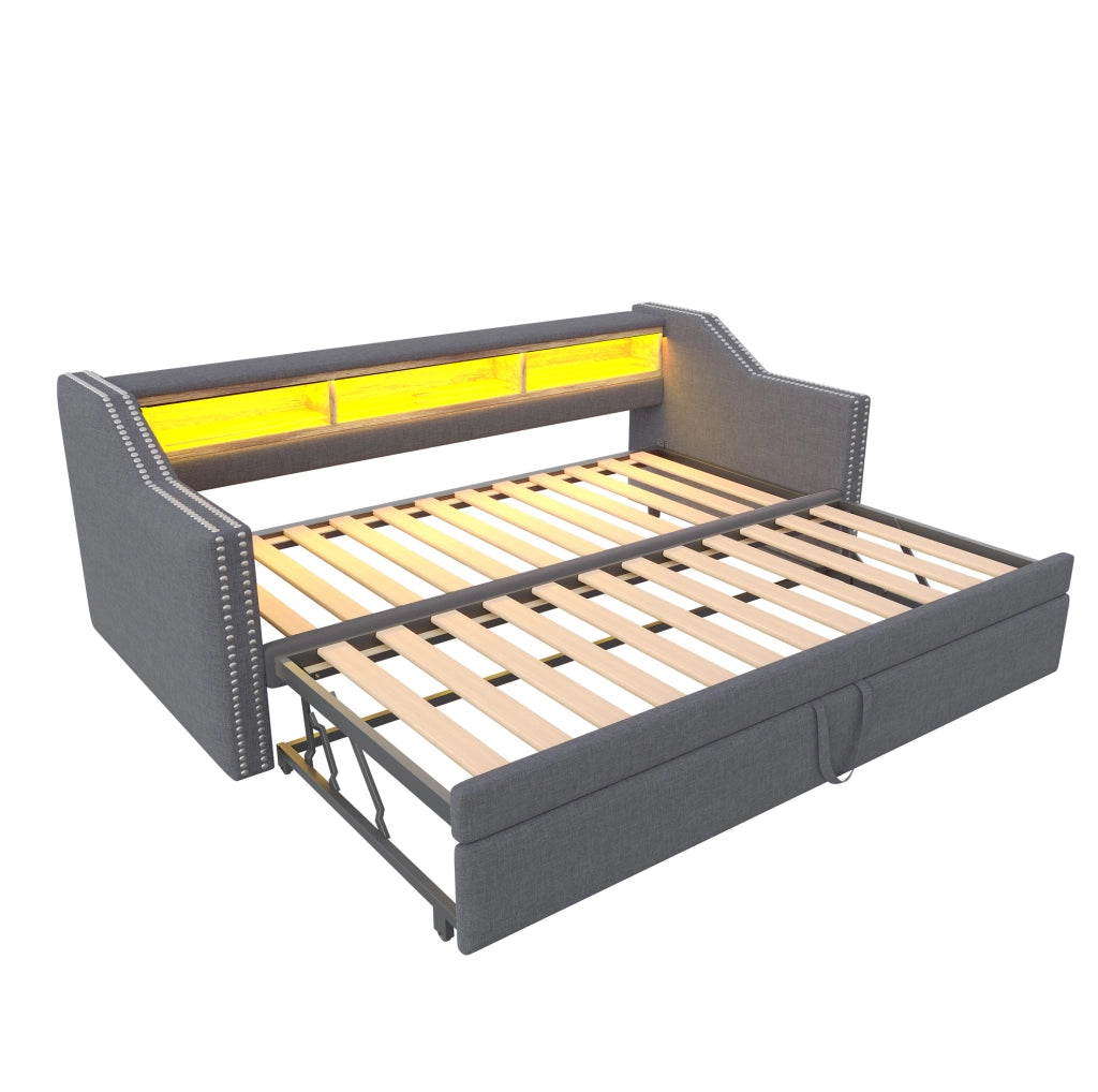 Divano letto estraibile 90/180x190 cm con ripiani, LED e USB grigio scuro