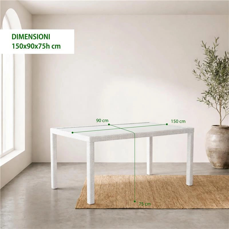TAVOLO AZORE IN ACCIAIO E WICKER BIANCO 150 X 90CM