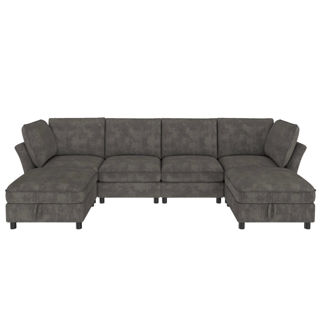 Divano modulare 6 posti a U/L con 2 pouf contenitore grigio
