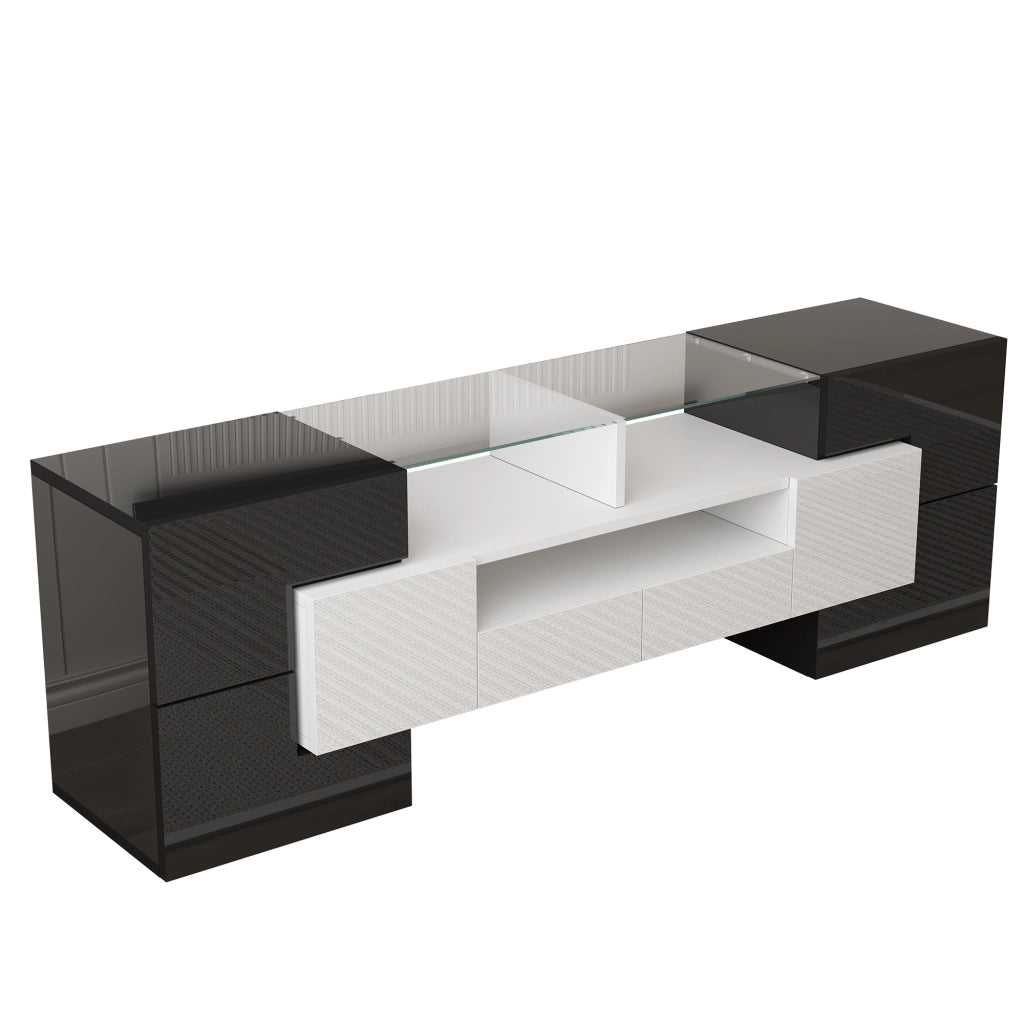 Mobile TV Lowboard Bianco Lucido con LED ¨C MINIMAL ¨C 145 cm, Vetro, Soggiorno