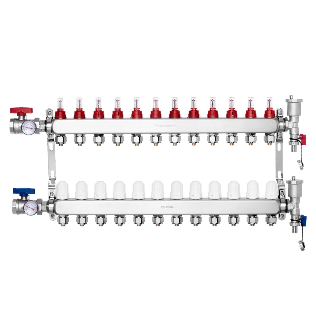 Collettore per Riscaldamento Radiante a 12 Rami in Acciaio Inossidabile SUS304 per Tubi PEX da 12,7 mm per Pavimento Radiante Idronico Robusto