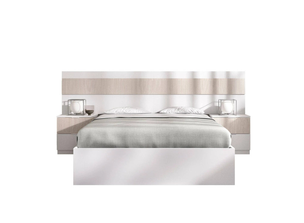 Letto alla francese Bonnie, Sommier per camera da letto, Giroletto per stanza, Struttura porta materasso, 248x195 h96 cm, Bianco e Rovere