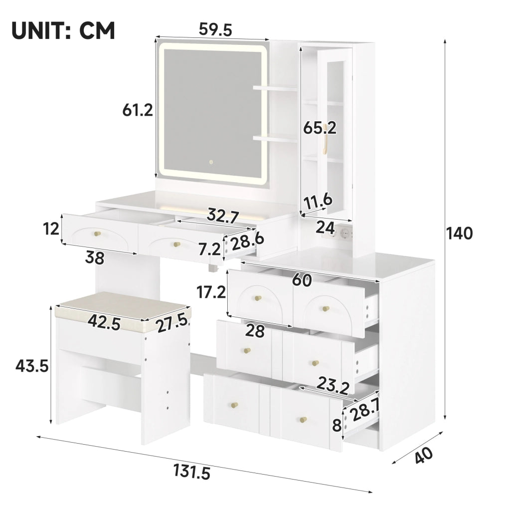 Tavolo da toeletta 131.5x40x140 cm con specchio LED; 8 cassetti e hocker; MDF e vetro; bianco