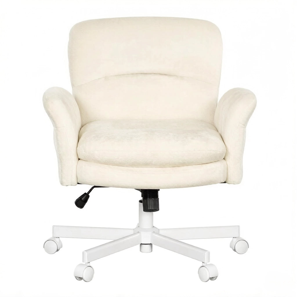 Sedia girevole imbottita in ciniglia beige con schienale ergonomico e base in metallo