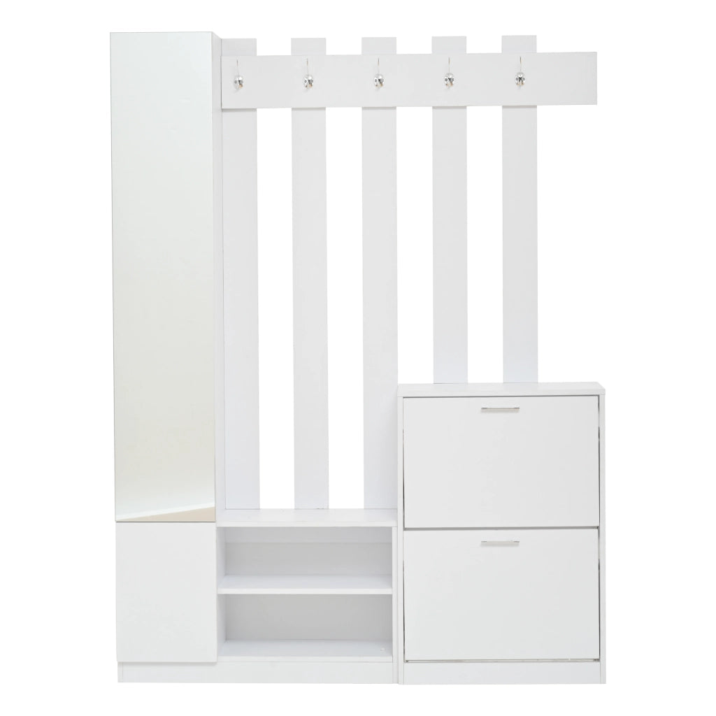 Set ingresso con specchio 135 x 25 x 180 cm, scarpiera salvaspazio con 2 scarpiere a ribalta, vani portaoggetti e 5 ganci, bianco