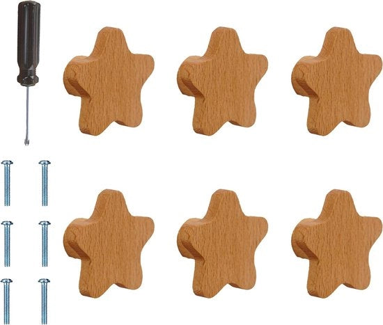 6 pezzi di maniglie di carico a forma di stella in legno - per casa, cucina, camera da letto, armadio
