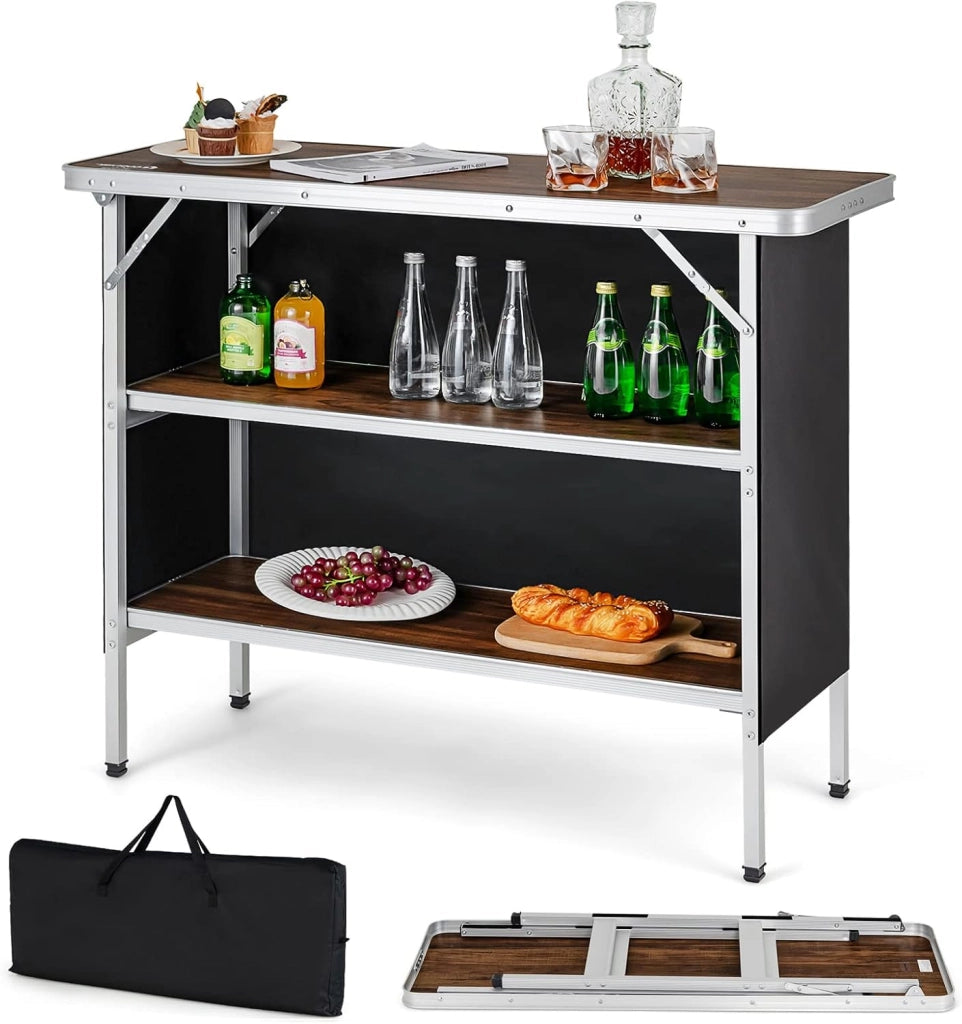 Tavolo Pieghevole con Borsa da Trasporto, Tavolo da Picnic con 3 Livelli di Stoccaggio, Tavolo da Giardino in Alluminio, Tavolino per Picnic, Barbecue, Feste (Venatura del Legno)