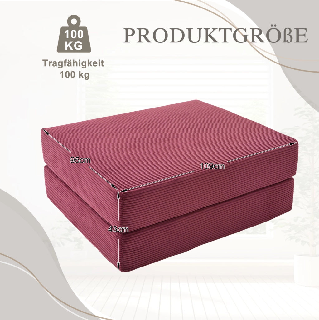 Pouf trasformabile in letto singolo in corduroy bordeaux; 109 x 95 x 43 cm