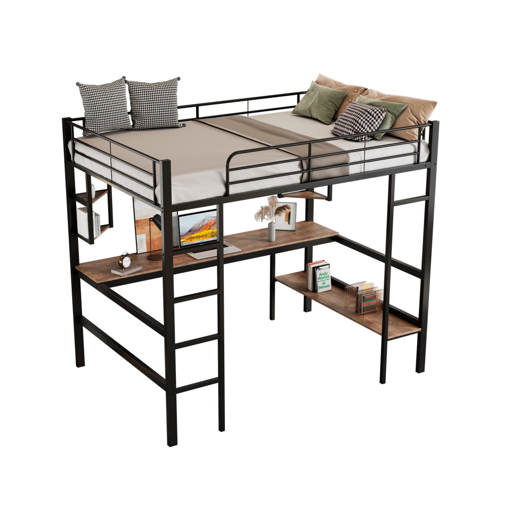 Letto a castello nero in metallo con scrivania e scaffali 90x200 cm