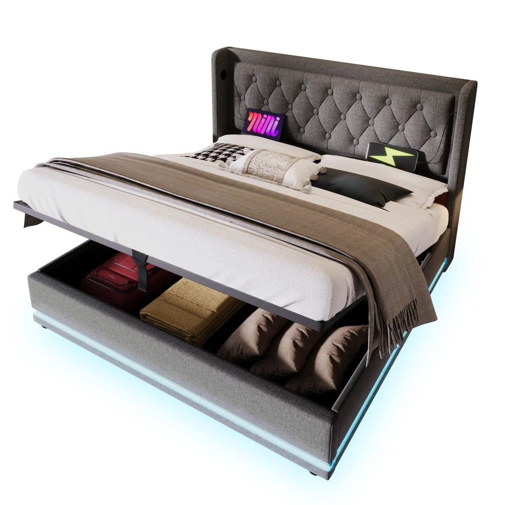 Letto matrimoniale contenitore 180x200 cm in cotone grigio con LED; USB e Type-C