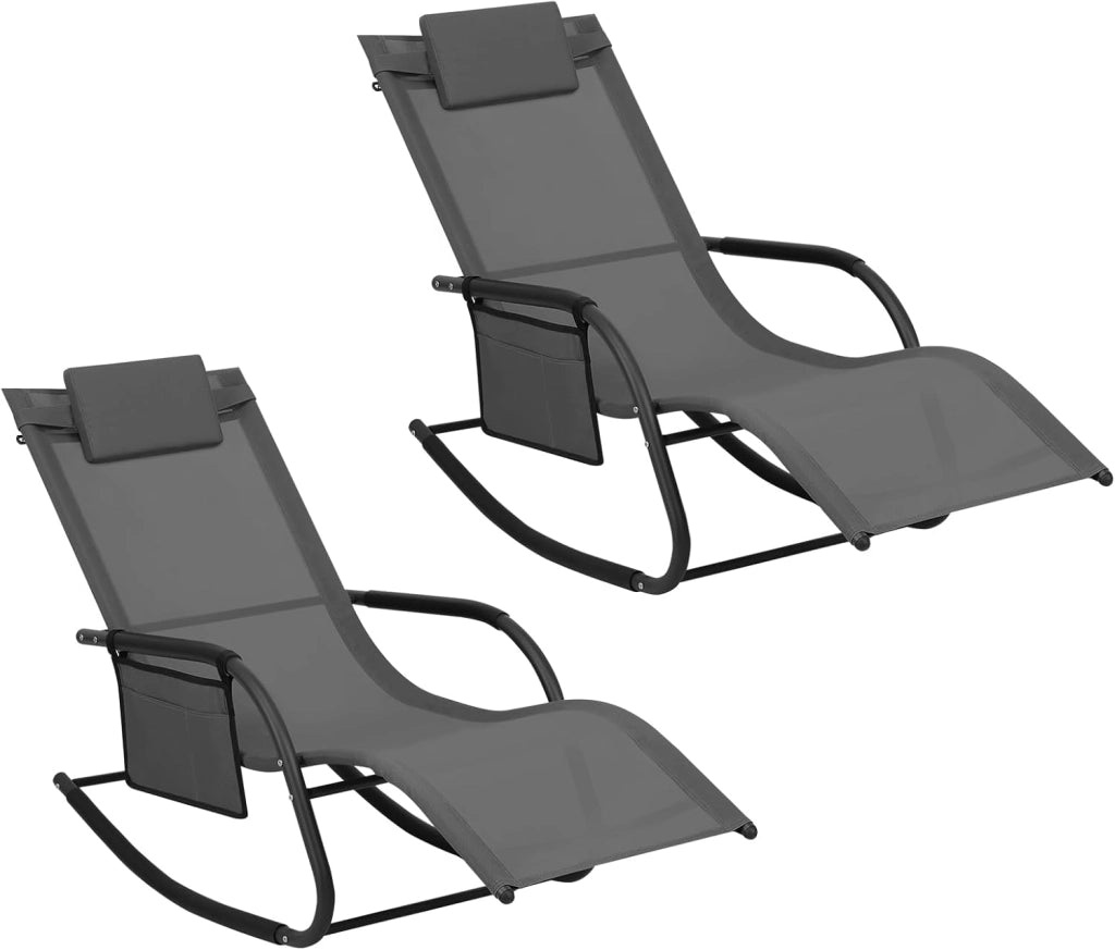 Sdraio da Giardino, Set di 2, Sedia a Dondolo da Esterno, Lettino Prendisole con Poggiatesta e Tasca, Nero, LS005sz-2