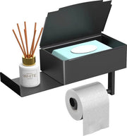 Sostegno per carta igienica con contenitore per asciugamani umidi, nero opaco, sostegno per carta igienica con piattaforma di posa, senza perforazione, acciaio inox, sostegno per carta igienica con deposito e tavolo supplementare per la bagno