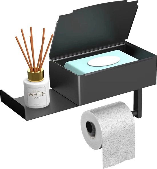 Sostegno per carta igienica con contenitore per asciugamani umidi, nero opaco, sostegno per carta igienica con piattaforma di posa, senza perforazione, acciaio inox, sostegno per carta igienica con deposito e tavolo supplementare per la bagno