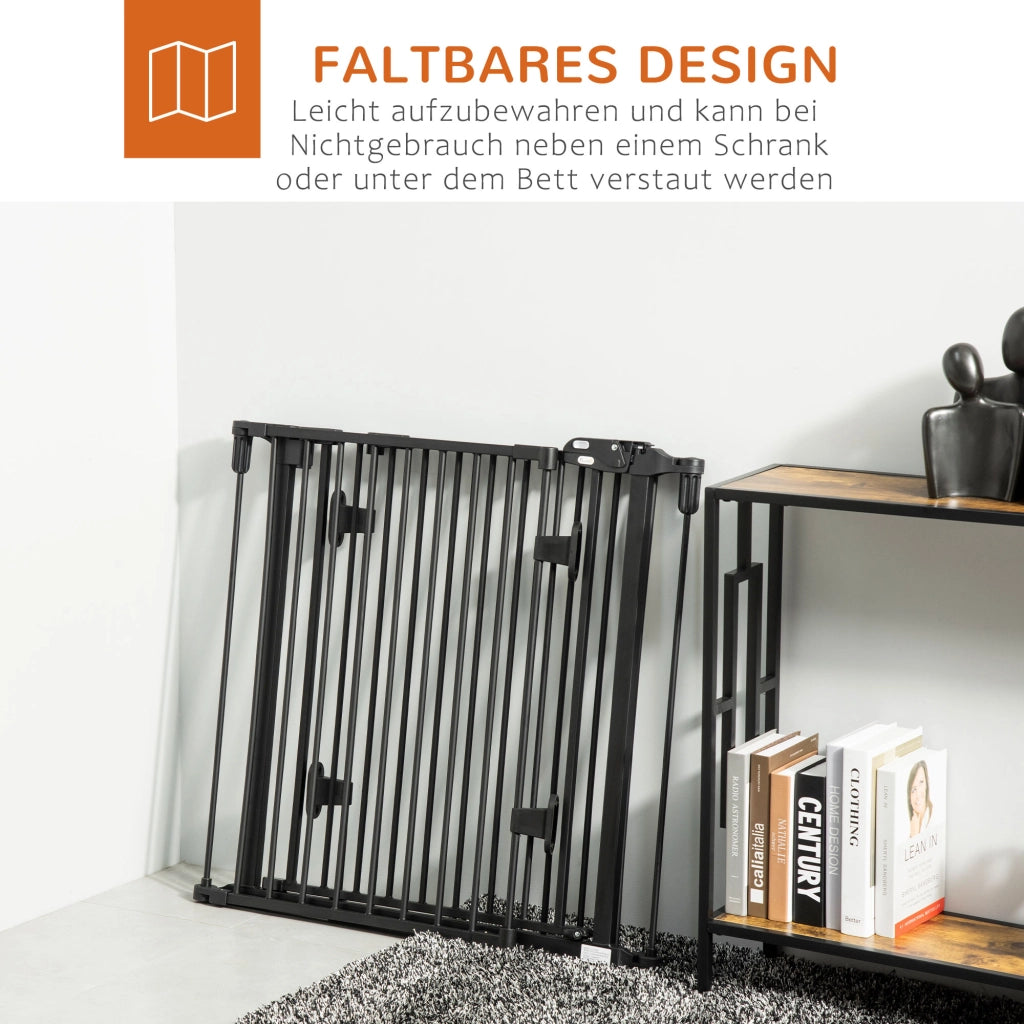 Barriera estensibile a forbice con porta a chiusura automatica 3 pannelli pieghevole in plastica nera 202,5 × 76 cm