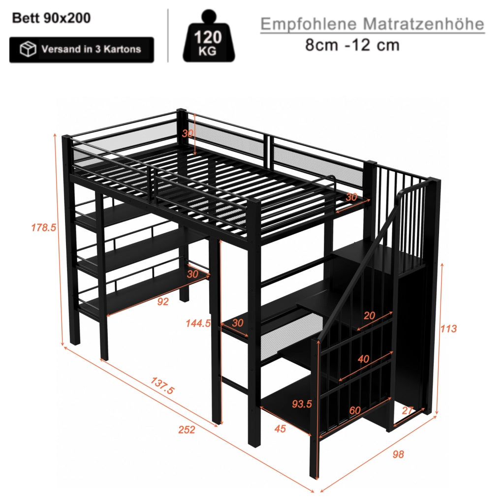 Letto a soppalco 90x200 cm nero con scrivania, LED e armadio